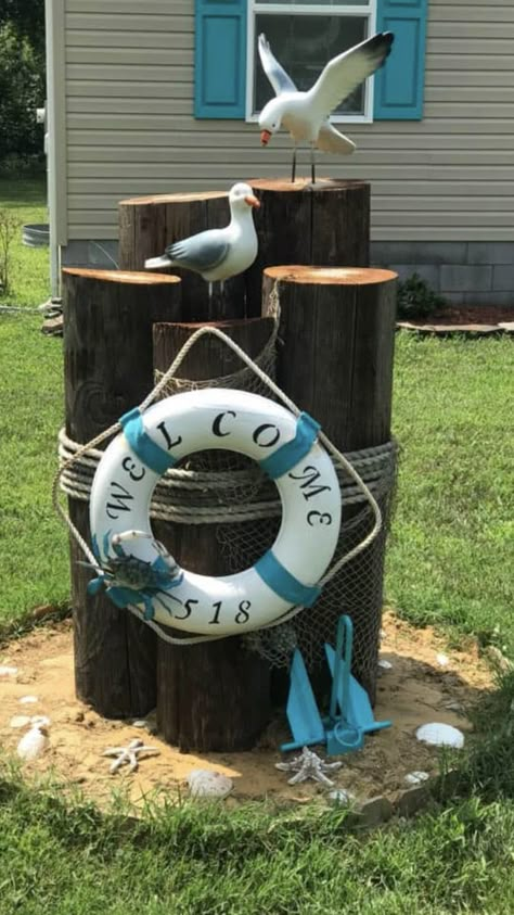 Beachy Backyard, Nautical Deck Ideas, Nautical Yard Decor, Nautical Garden Ideas, Nautical Landscaping, Nautical Patio, Beach Theme Backyard, Beach Theme Garden, Patio Color Schemes