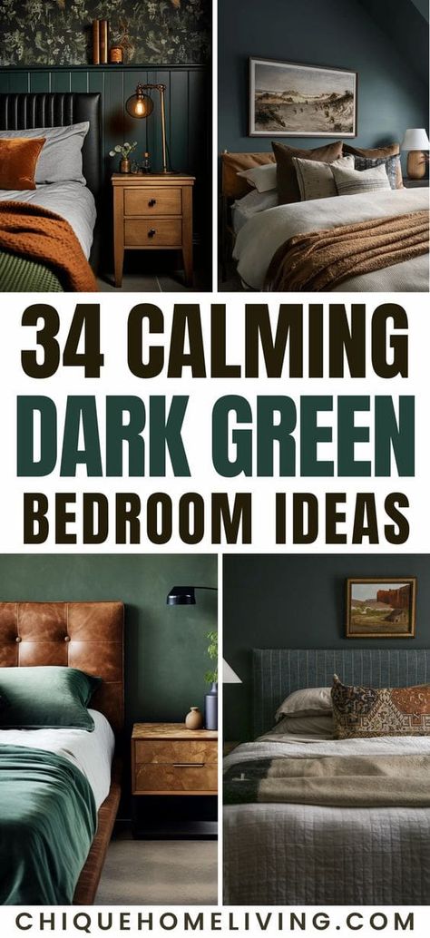 Forest Green Master Bedrooms Decor, Dark Cozy Bedroom Ideas Accent Wall, Moody Green Bedroom Paint Colors, Dark Wall Paint Ideas, Dark Green Primary Bedroom, Hunter Green Bedroom Decor, Emerald Green Color Scheme Bedroom, Green Bedroom Black Furniture, Dark Green Ceiling Bedroom