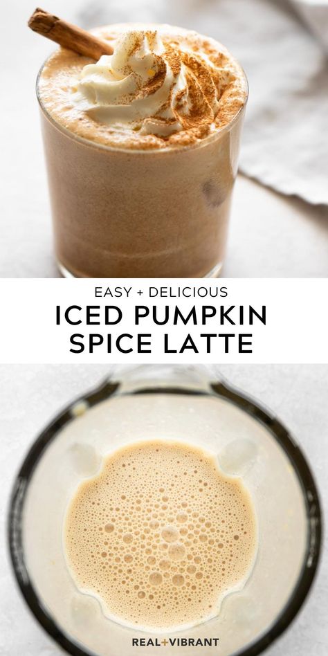 Make the ultimate Fall beverage at home in minutes! If you’re craving a taste of Fall but don’t care for a warm beverage, you’ll love this iced pumpkin spice latte. Made with a few ingredients, this delicious beverage can be whipped up at home in 5 minutes. | realandvibrant.com #realandvibrant #psl #pumpkinspice #latte #falldrinks Iced Pumpkin Spice Latte, Pumpkin Spiced Latte Recipe, Fall Drink, Pumpkin Desserts, Pumpkin Latte, Coffee Drink Recipes, Latte Recipe, Starbucks Recipes, Fall Drinks