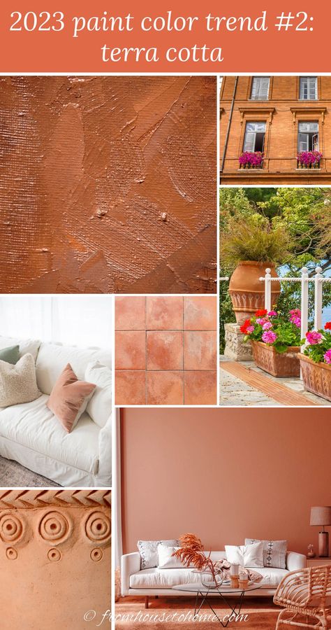 Collage of pictures using the 2023 paint color trend - Terra Cotta Trending Paint Colors 2023, 2023 Paint Color Trends, Terra Cotta Paint Color, Most Popular Paint Colors, Paint Color Trends, Paint Trends, Popular Paint Colors, Trending Paint Colors, Colors 2023