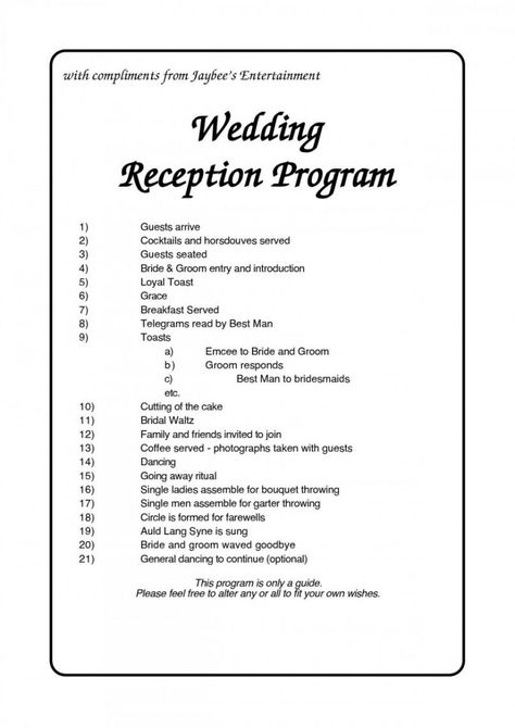 Example of editable wedding reception program templates ~ addictionary wedding ceremony agenda template doc. Wedding ceremony agenda template, The agenda template is usually delivered at least two days before the meeting. It can be sent through online committ... Wedding Reception Schedule, Reception Order Of Events, Reception Program, Wedding Reception At Home, Renewal Vows, Wedding Agenda, Reception Timeline, Wedding Reception Program, Wedding Reception Timeline