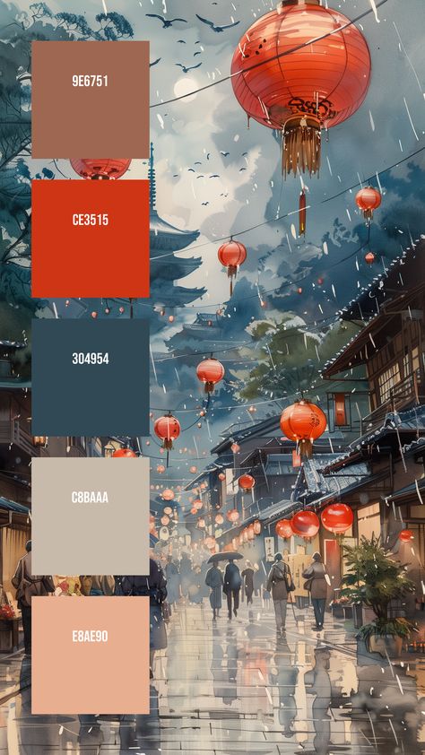 Colors: 9E6751 ° CE3515 ° 304954 ° C8BAAA ° E8AE90 Sweet Dream Illustration, Japanese Colors Palette, Chinese Color Palette Inspiration, Japanese Color Palette Design, Rainy Color Palette, Architecture Colour Palette, Light Blue And Red Aesthetic, Asian Color Palette, Japan Color Palette