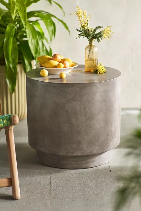 Concrete Barrel Side Table | AnthroLiving Screen Porch Decor, Barrel Side Table, Cape Remodel, Outdoor Pedestal, Stone Side Table, Coffee Table Outdoor, Concrete Side Table, Unique End Tables, Low Bookshelves