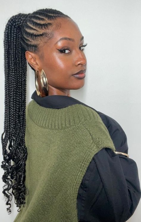 Ponytail Cornrows Braids For Black Women, Cornrows In Ponytail, Curly Cornrows Braids For Black Women, Rihanna Cornrows Hairstyles, Straight Up Hairstyles For Black Women, Ponytail Braids Black Women, Box Braids Cornrows Hairstyles, Cornrows With French Curls, Cornrow Ponytail Styles 2024