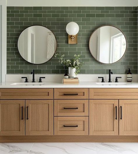 Green Tile Behind Vanity, Green Bathroom With Wood Vanity, Green Tile Master Bath, Bathroom With Green Walls, Green And Wood Bathroom, Bathroom With Green Tile, Bathroom 2025, Dark Green Tile, Colored Bathroom