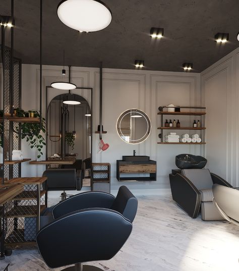 Salon Loft Ideas Small Spaces, Salon Black Ceiling, Hair Salon Basin Area, Hairdresser Salon Design Interior, Gothic Salon Suite, Salon Entry Ideas, Small Barbershop Ideas, Salon Cabinet Ideas, Simple Salon Interior Design