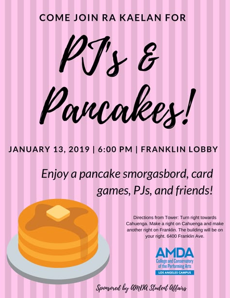 My poster for my PJs and Pancakes RA event! Resident Appreciation Week Ideas Apartments, Dorm Floor Event Ideas, Halloween Event Ideas College, College Sga Events, Resident Life Events, Nursing Home Event Ideas, Apartment Event Ideas, Resident Hall Events, Sga Event Ideas