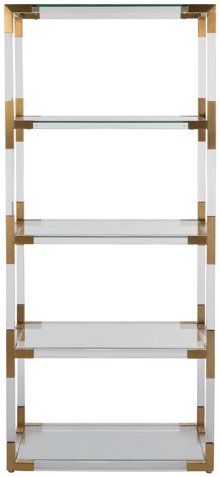 Madeleine Bookcase, Gold $1,295.00 Brass Bookshelf, Lux Bedroom, White Bathroom Inspiration, Glass Bookshelves, Acrylic Bookshelf, Cabinets Hardware, Dc House, Bedroom 2022, Contemporary Bookcase