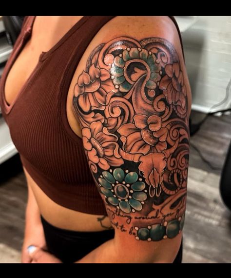 Longhorn Skull Back Tattoo, Women Full Arm Sleeve Tattoo, Cow Hand Tattoo, Leather Tool Tattoo Sleeve, Leather Tooling Tattoo Ideas, Traditional Style Western Tattoo, Cactus Arm Tattoo, Western Women’s Sleeve Tattoos, Meaningful Western Tattoos For Women