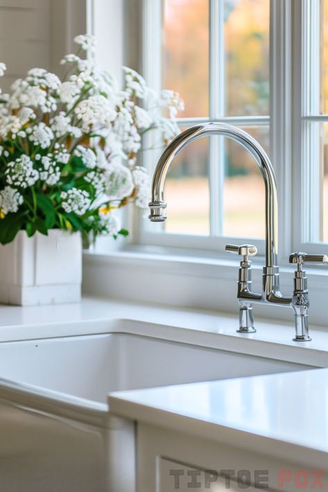 white countertops chrome faucet white sink Farmhouse Kitchen Faucet Ideas, Polished Nickel Kitchen Faucet, Modern Kitchen Makeover, Polished Nickel Kitchen, Kitchen Faucet Ideas, Bridge Faucet Kitchen, Kitchen Pop, Gold Kitchen Faucet, Vintage Faucet