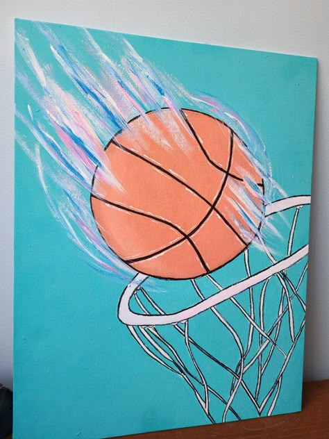 I started off by painting the blue background. Next I drew out my object with a black marker. After that I added the basketball color and movement lines. Finally added the finish details. Basketball Acrylic Painting, Wall Sign Ideas, Basketball Canvas Painting, Basketball Canvas Art, Charger Art, Basketball Painting, Sports Quotes Basketball, Basketball Artwork, Basketball Drawings