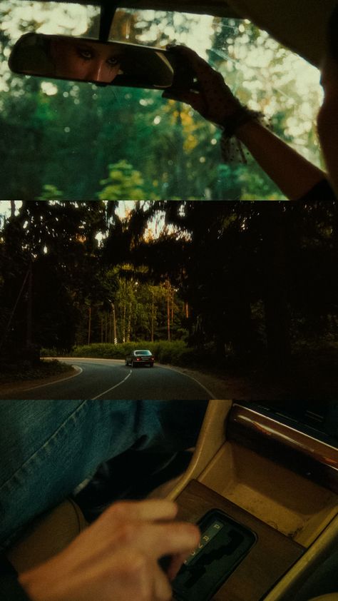 car forest film aesthetic cinematic mirror Driving Film Photography, Retro Cinematic Aesthetic, Film Green Aesthetic, Green In Film, Creative Cinematic Shots, Road Trip Cinematography, Nature Cinematic Photography, Car Film Aesthetic, Cinematic Photography Aesthetic Nature