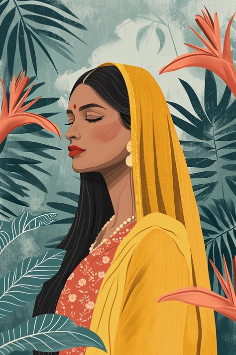 ✨🖼️Charming Illustrations with Midjourney Prompts: Go to the Link in my Bio🔗👀 Hummingbird Art Drawing, Yellow Sari, Diy Canvas Art Easy, Indian Wall Art, South Asian Art, Afrocentric Art, Female Art Painting, Indian Woman, Art Painting Gallery