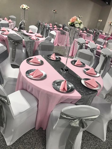 Pink And White Quinceanera Decorations, Pink And Silver Quinceanera Theme, Sweet 16 Color Ideas, Pink And Silver Birthday Decorations, Pink White And Silver Party Decorations, Pink And Silver Wedding Theme, Pink And Silver Quince, Pink And Silver Sweet 16, Pink And White Sweet 16