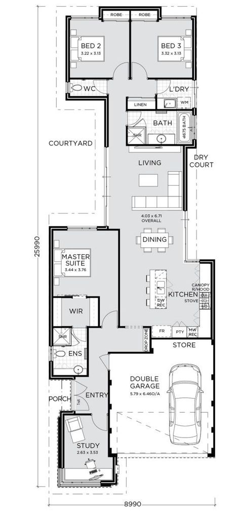 Block Plan, Narrow House Designs, Narrow House Plans, Narrow Lot House Plans, Long House, Compact House, House Plans One Story, Home Design Floor Plans, Narrow House