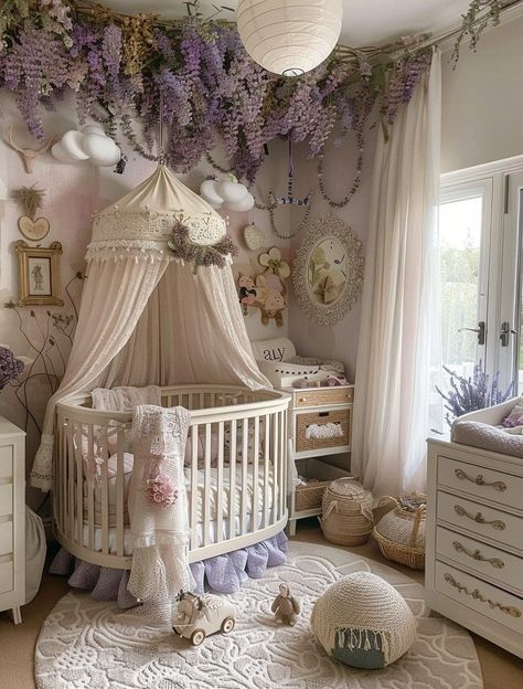 Woodland Princess Nursery, Baby Girl Nursery Fairy Theme, Purple Themed Nursery, Baby Girl Fairy Nursery, Fairytale Nursery Girl, Baby Room Design Girl, Fairycore Nursery, Fairy Nursery Baby Girl, Girls Nursery Themes