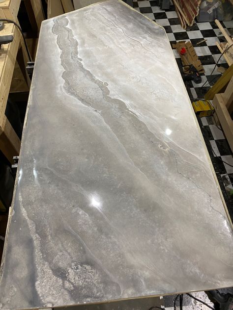 Concrete Countertops With Epoxy, Resin Pour Countertops, White And Grey Epoxy Countertops, Epoxy Kitchen Countertops Ideas, Stone Coat Epoxy Countertop, Rustic Epoxy Countertop, Gray Epoxy Countertop, Epoxy Countertop Over Tile, Epoxy Countertop Colors