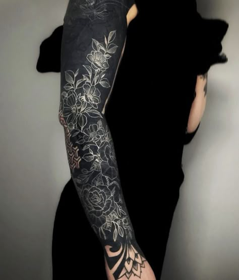 White On Black Tattoo, White Over Black Tattoo, Blackout Sleeve, Arm Cover Up Tattoos, Black Sleeve Tattoo, Black And White Tattoos, All Black Tattoos, Black Tattoo Cover Up, Black Art Tattoo