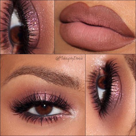 soft mauve-y pink eye w/ glitter (center & inner corner) with matching lips & dark grey waterline (@makeupbydenise) #makeup sparkle Wedding Makeup Sparkle, Eye Makeup With Glitter, Waterline Makeup, Pink Glam Makeup, Makeup With Glitter, Pink Wedding Makeup, Makeup Sparkle, Mauve Eyeshadow, Mauve Makeup