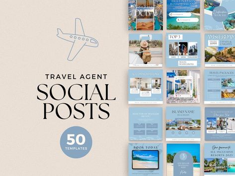 Introducing our collection of 50 Travel Agent Instagram Post Templates! Perfect for travel agencies, these templates are designed to help you create a cohesive and visually stunning feed. Each template is fully editable in Canva, so you can customize it to fit your brand and style. With a variety of fonts and colors to choose from, you'll have everything you need to create beautiful and engaging content that will help you stand out on Instagram. Whether you're promoting a new travel package, sha Travel Agency Instagram Feed, Travel Agent Social Media, Travel Agent Instagram, Travel Agent Marketing, Aesthetic Canva Templates, Canva Templates Instagram Post, Instagram Grid Design, Instagram Feed Planner, Facebook Cover Design