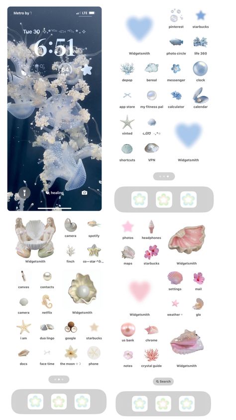 Iphone Background Theme Ideas, Pixel Theme Amino, Shark Home Screen Layout, Jellyfish Themed Phone, Spring Phone Themes, Jellyfish Phone Theme, Iphone Widgets Aesthetic Ideas, Aesthetic Wallpaper Homescreen, Cute Phone Themes