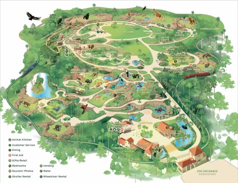 Zoo Map - Santa Barbara Zoo Zoo Map Illustration, Zoo Layouts Map, Theme Park Planning, Zoo Map, City Zoo, Zoo Park, Zoo Project, Zoo Architecture, Planet Coaster