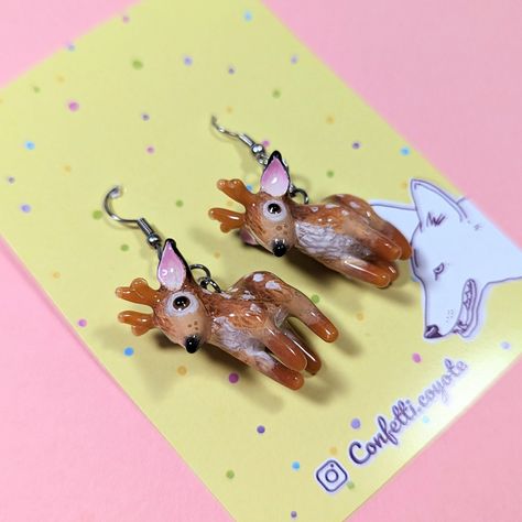 Cottagecore Forest, Quirky Accessories, Roe Deer, Forest Animal, Animal Earrings, Animal Cute, Earrings Dainty, Deer Antlers, Painting Process