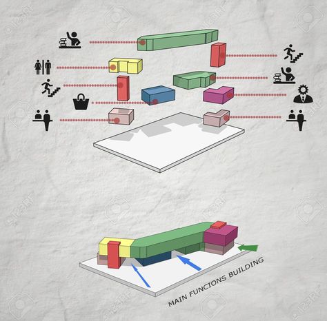 3d Zoning Diagram, Architecture Sections Photoshop, Architectural Massing Diagram, 3d Zoning Architecture Diagram, 3d Section Architecture, Museum Concept Ideas, 3d Zoning, Conceptual Sketches Architecture Concept Diagram, Massing Diagram Architecture