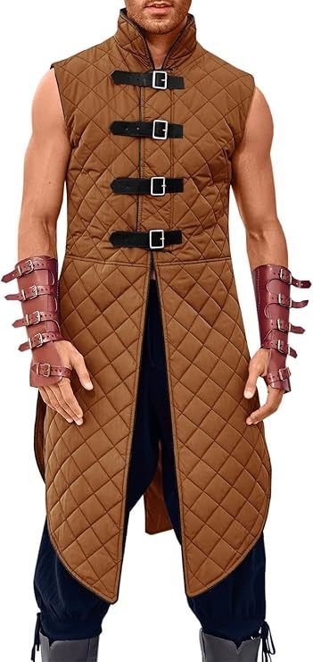 Amazon.com: Runcati Men's Padded Gambeson Vest Sleeveless Aketon Armor Medieval Knight Surcoat Halloween LARP Costume Dress : Clothing, Shoes & Jewelry Brigandine Armor, Dnd Clothing, Armor Medieval, Viking Costume, Leather Belt Buckle, Medieval Gothic, Coat For Men, Larp Costume, Man Pad