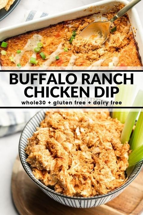 This Dairy Free Buffalo Ranch Chicken Dip is a tasty appetizer that's easy to make (only 5 ingredients!) and sure to satisfy a crowd. It's even Whole30 compliant! Ranch Chicken Dip, Buffalo Ranch Chicken Dip, Buffalo Ranch Chicken, Dairy Free Dips, Dairy Free Appetizers, Alpha Gal, Dairy Free Meals, Buffalo Ranch, Dairy Free Snacks