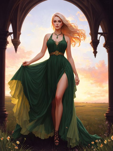 RPG Portrait: Human / Half-elf. Female Mage / Wizard / Sorceress / Witch / Magic-user / Seer / Bard. Blonde Hair. Celtic Green Robes. Sorceress Robes, Blonde Sorceress, High Elf Female Noble, Female Wizard Art, Wood Elf Druid Female, Sorceress Character Design, Half Elf Woman, Half Elf Female, Mage Female