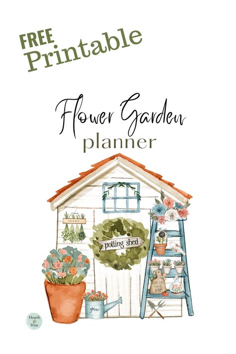 Garden shed with a wreath on the door a potted plant and a garden ladder image as the cover of a garden planner. Free Garden Planner Printable, Gardening Journal Printables, Garden Printables, Garden Journaling, Gardening Veggies, Gardening Printables, Gardening Planner, Free Garden Planner, Project Planner Printable