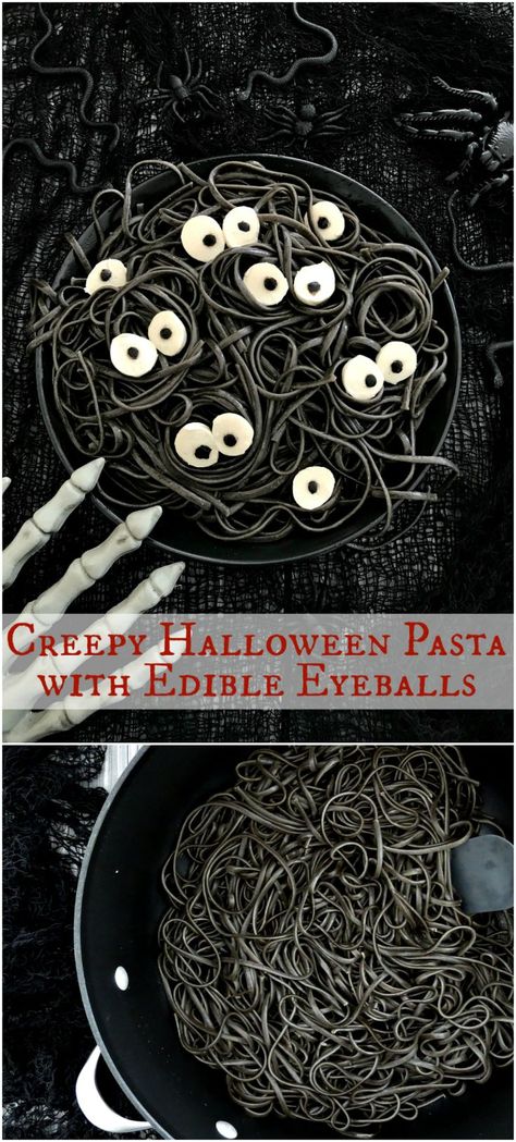 Bring on the savory Halloween food for adults and children! My pasta with edible eyeballs is savory, creepy looking, and delicious! The buttery, garlicky noodles are topped with mozzarella and black olive eyeballs. It's PERFECT for Halloween night! Olive Eyeballs, Halloween Spaghetti, Edible Eyeballs, Savory Halloween Food, Halloween Food For Adults, Black Noodles, Black Pasta, Halloween Pasta, Edible Eyes