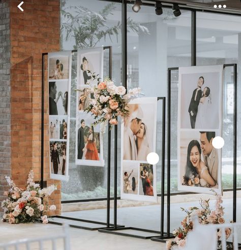 Elegant Photo Booth Wedding, Modern Retro Wedding Decor, Engagement Photos Wedding Display, Displaying Bridal Portraits At Wedding, Wedding Photo Hanging Ideas, Display Engagement Photos At Wedding, Picture Wedding Decorations, Photo Wedding Decorations, Photo Op For Wedding