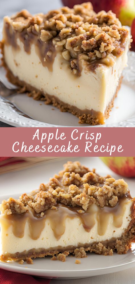 Apple Crisp Cheesecake Recipe | Cheff Recipes Carmel Apple Crisp Cheesecake Recipe, Apple Crisp With Graham Crackers, Easy Apple Pie Cheesecake Recipe, Cream Cheese Apple Dessert, Apple Crisp Cheesecake Recipe, Apple Crumble Cheesecake Recipe, Cheesecake Recipes Apple, Apple Strudel Cheesecake, Betty Crocker Apple Pie