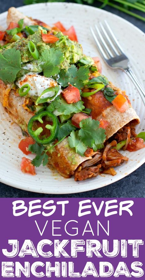 These vegan enchiladas are stuffed with a meaty chipotle seasoned jackfruit and black bean filling, smothered in enchilada sauce, and then loaded with toppings! Vegan Jackfruit Recipes, Vegan Jackfruit, Jack Fruit, Vegan Enchiladas, Jackfruit Recipes, Vegan Mexican Recipes, Vegan Main Dishes, Vegan Meal Plans, Vegan Mexican