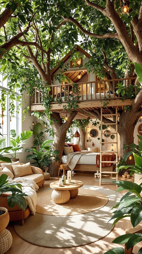 Boho Bedroom Ideas for Kids Indoor Treehouse, Woodland Theme Bedroom, Elevated Beds, Tree House Bedroom, Treehouse Bedroom, Tree House Interior, Bedroom Ideas For Kids, Forest Bedroom, Teepee Bed