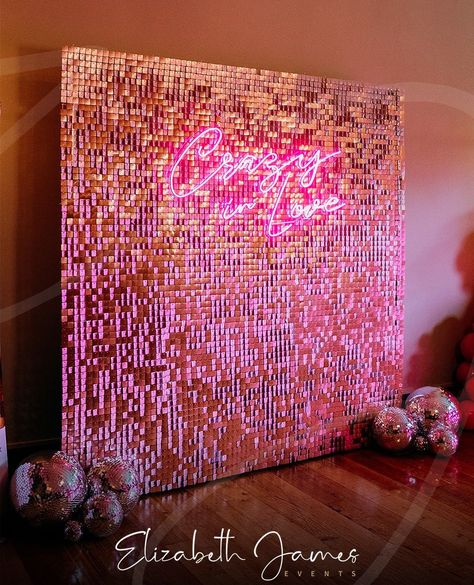 Huge thanks to @victoriabakerweddings for capturing our Party Room Backdrop @the_faversham this weekend 📷💗⚡️  LOVE this combination for a proper party vibe for your big day - Our Pink Neon 'Crazy In Love' Sign on Powder Pink Sequin Wall with Disco Balls ✌🏼 Disco Ball Party Backdrop, Disco Ball Backdrop, Pink Shimmer Wall, Pink Disco Party, Disco Backdrop, Luxury Birthday Party, Luxury Event Decor, Disco Wall, Pink Event