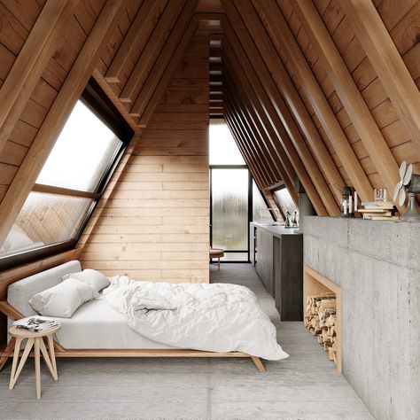 A-frame Interior, Triangle House, A Frame Cabins, Modular Housing, A Frame House Plans, Cliff House, A Frame Cabin, A Frame House, Tiny House Cabin