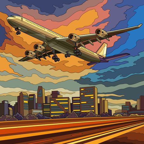 Airplane Cartoon, Aviation Aesthetic, City Scape Painting, Scape Painting, Airplane Painting, Marker Color, Color Pencil Illustration, Airplane Wallpaper, Art Generator