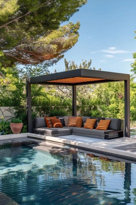 Modern Pool Gazebo Ideas for Stylish Backyards Outdoor Pool With Roof, Backyard Pool Gazebo, Small Pool Gazebo, Outdoor Pool Pergola, Backyard Pool Cabana Ideas, Pool Gazebo Ideas Cabanas, Pool Gazebo Ideas, Outdoor Oasis Backyard With Pool, Backyard Pool Cabana