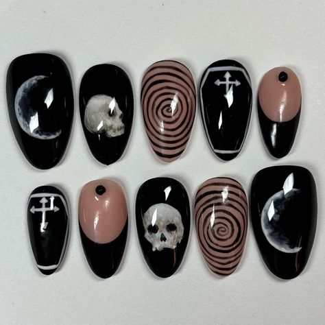 custom skull set ☠️🖤 this was my first time painting a skull on a nail!! i had so much fun making this set 🥹🫶 #nails #nailsnailsnails #nailsart #nailaddict #naildesigns #nailartist #pressons #pressonnails #gelnails #3dnails #explorepage Skull Press On Nails, Skull Nail Tutorial, Skull Almond Nails, Skull Nails Art, Black Nails With Nail Art, Halloween Nails Bones, Mortician Nails, Skull Nails Design, Black Skull Nails