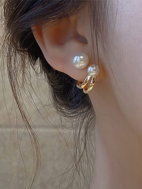 Yellow Gold  Collar  Zinc Alloy  Earring Jacket Embellished   Fashion Jewelry Sweet Accessories, Crystal Earrings Wedding, Korean Earrings, Butterfly Earrings Stud, Pearl Types, Girls Earrings, Pearl Stud Earrings, Metal Earrings, Pearl Studs