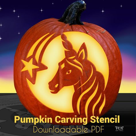 The unicorn is shown bust up and the swirly hair mirrors the shooting star lines almost. Star Pumpkin Carving, Unicorn Pumpkin Carving, Star Pumpkin, Pumpkin Carving Stencil, Halloween Pumpkin Stencils, Lantern Template, Unicorn Pumpkin, Halloween Pumpkin Carving Stencils, Pumpkin Carving Party