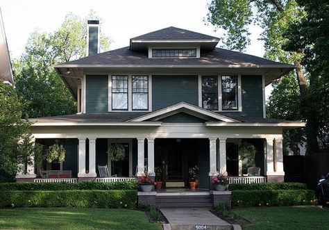 Foursquare home with wrap-around porch Farmhouse Exterior Colors, Four Square Homes, Craftsman Exterior, Craftsman Style House, Casas Coloniales, Craftsman Style Homes, Craftsman Bungalows, Casa Exterior, Craftsmen Homes