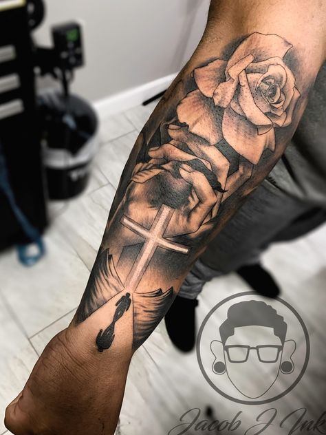 Rose and Cross -Quarter Sleeve Tattoo #tattoosformen #crosstattoos Quarter Sleeve Tattoo, Small Wave Tattoo, Quarter Sleeve Tattoos, Sleeve Tattoo Designs, Rose Tattoo Sleeve, Rose Tattoos For Men, Cross Tattoo For Men, Wave Tattoo, Forearm Sleeve Tattoos