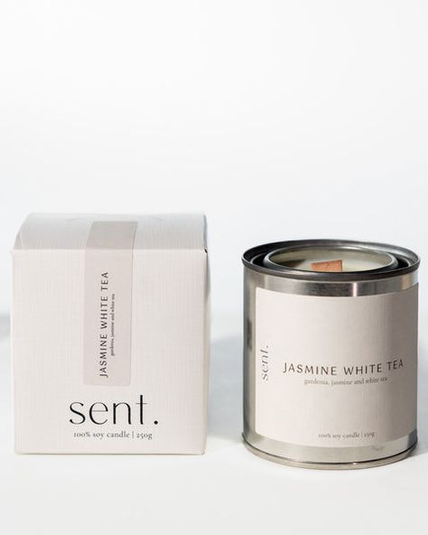 Shop Jasmine White Tea Candle with 100% Soy Wax - sent studio Candles Branding, Tea Scented Candles, Branding Design Ideas, Candle Box Packaging, Candle Packaging Design, Jasmine White, Candle Obsession, Candle Making Wax, Tea Candle