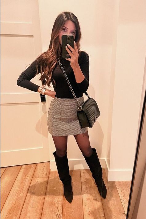 Winter date night calls for skirts and boots - wearing a size 2 in this skirt that’s under $100. So chic and cute! Tap to shop this winter date night outfit! Neutral Color Fall Outfits, Holiday Plaid Skirt Outfit, New York Date Night Outfit Winter, Chicago Inspired Outfits, Cute Winter Night Out Outfits, Movie Night In Outfit, Date Outfit Winter Night, Going Out Outfits 30s, January Vegas Outfits