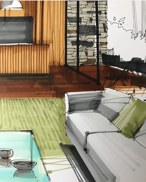 Artist: тихомиров / Tihomirov Interior Sketching, Marker Rendering, Hand Rendering, Interior Design Sketchbook, Arch Sketch, Interior Drawing, Interior Sketches, Interior Design Renderings, Interior Design Plan