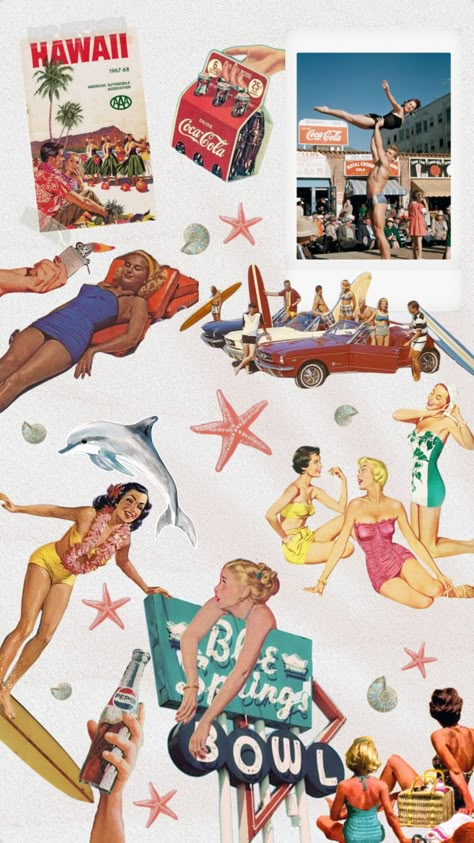 Summer Vintage Illustration, 1950s Summer Aesthetic, Vintage Vacation Aesthetic, Summer Cartoon Aesthetic, 50s Beach Aesthetic, 60s Beach Aesthetic, Retro Beach Aesthetic, Vintage Beach Aesthetic, 50s Graphic Design